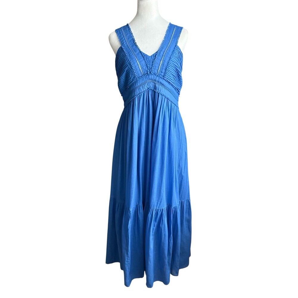 Mint Velvet Women’s US 8 Blue 100% Cotton Pleat Detail Maxi Dress NWT Boho